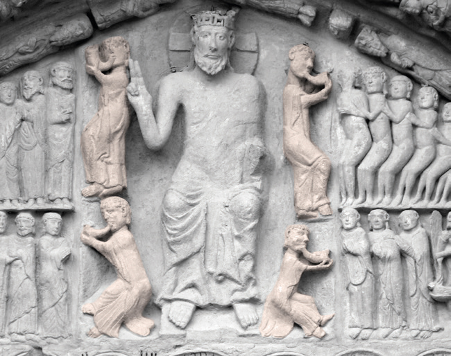 Zangozako Santa Maria Erreginaren elizako tinpanoan agertzen diren lau adar-jole. (Arg.: JMBA)