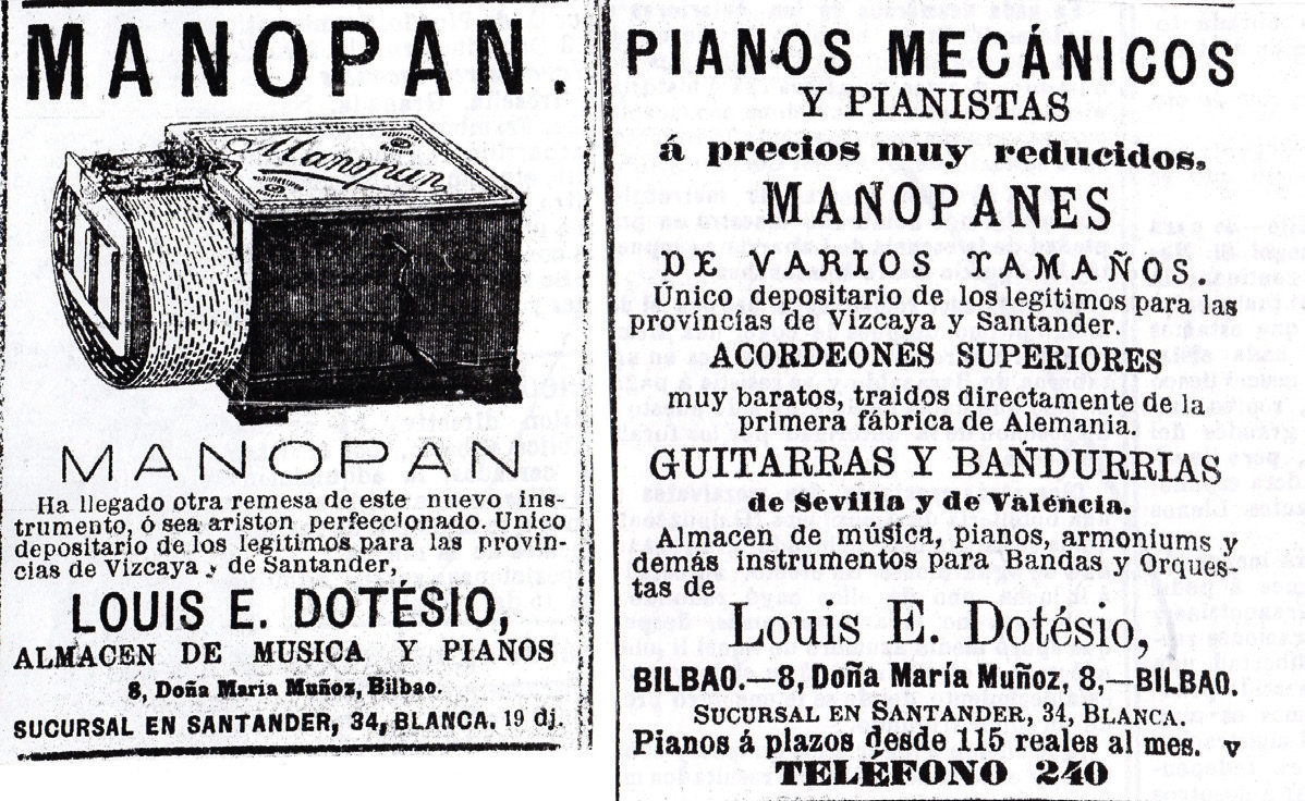 Dotesioren publizitatearen bi eredu, akordeoien salmenta eta horien jatorria iragarriz. (Iturria: El Noticiero Bilbaíno 1888/08/03 eta 1888/08/21).