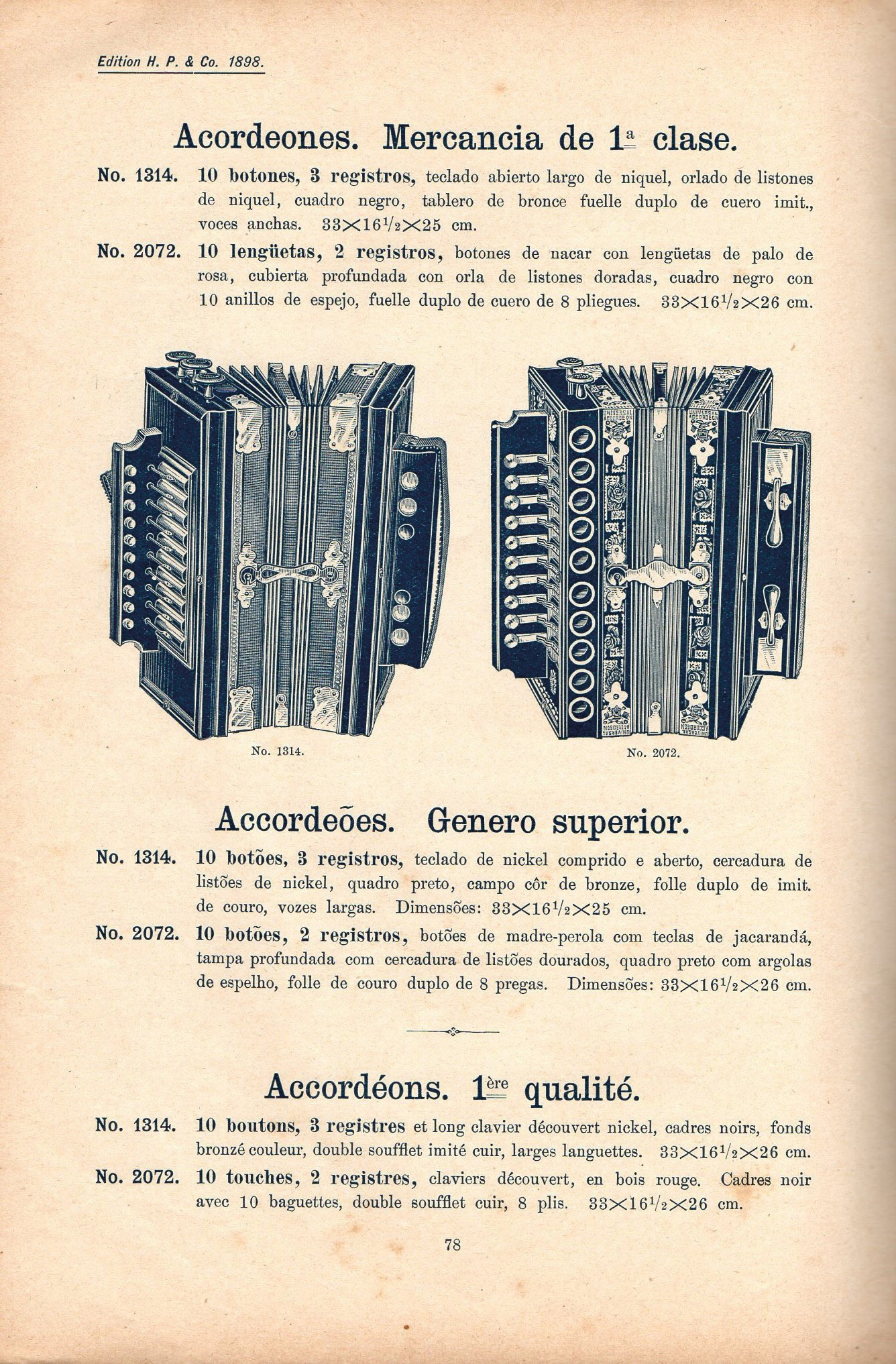 Instrumentuen katalogo batean eskainitako akordeoiak. (Iturria: Catálogo de instrumentos musicales, autómatas e instrumentos musicales mecánicos como Polifonos, Organillos, Relojes, Pianos Mecánicos y Eléctricos, cajas de música, 1898, 76., 93. eta 94. or., H.P & Co, Alemania)