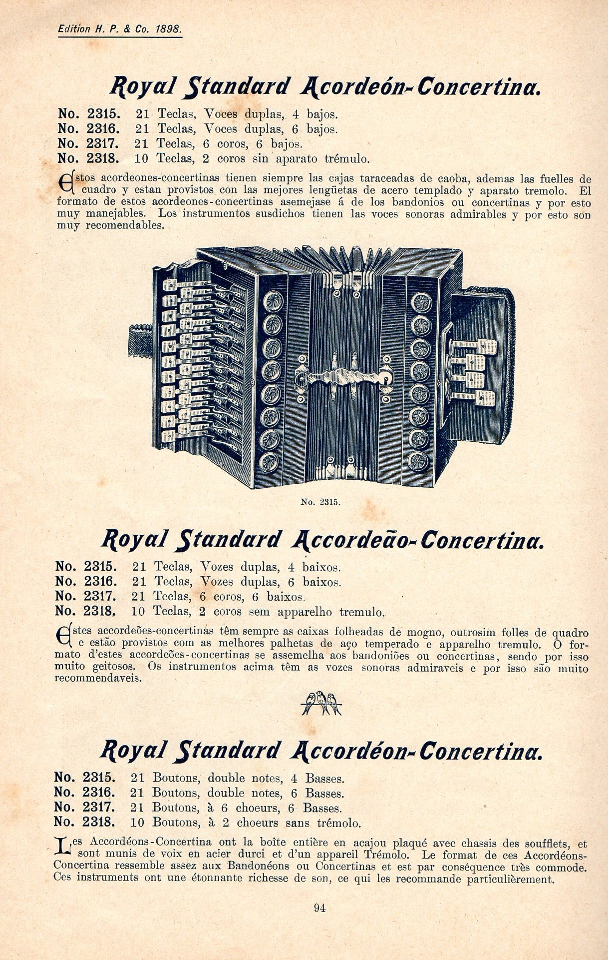 Instrumentuen katalogo batean eskainitako akordeoiak. (Iturria: Catálogo de instrumentos musicales, autómatas e instrumentos musicales mecánicos como Polifonos, Organillos, Relojes, Pianos Mecánicos y Eléctricos, cajas de música, 1898, 76., 93. eta 94. or., H.P & Co, Alemania)