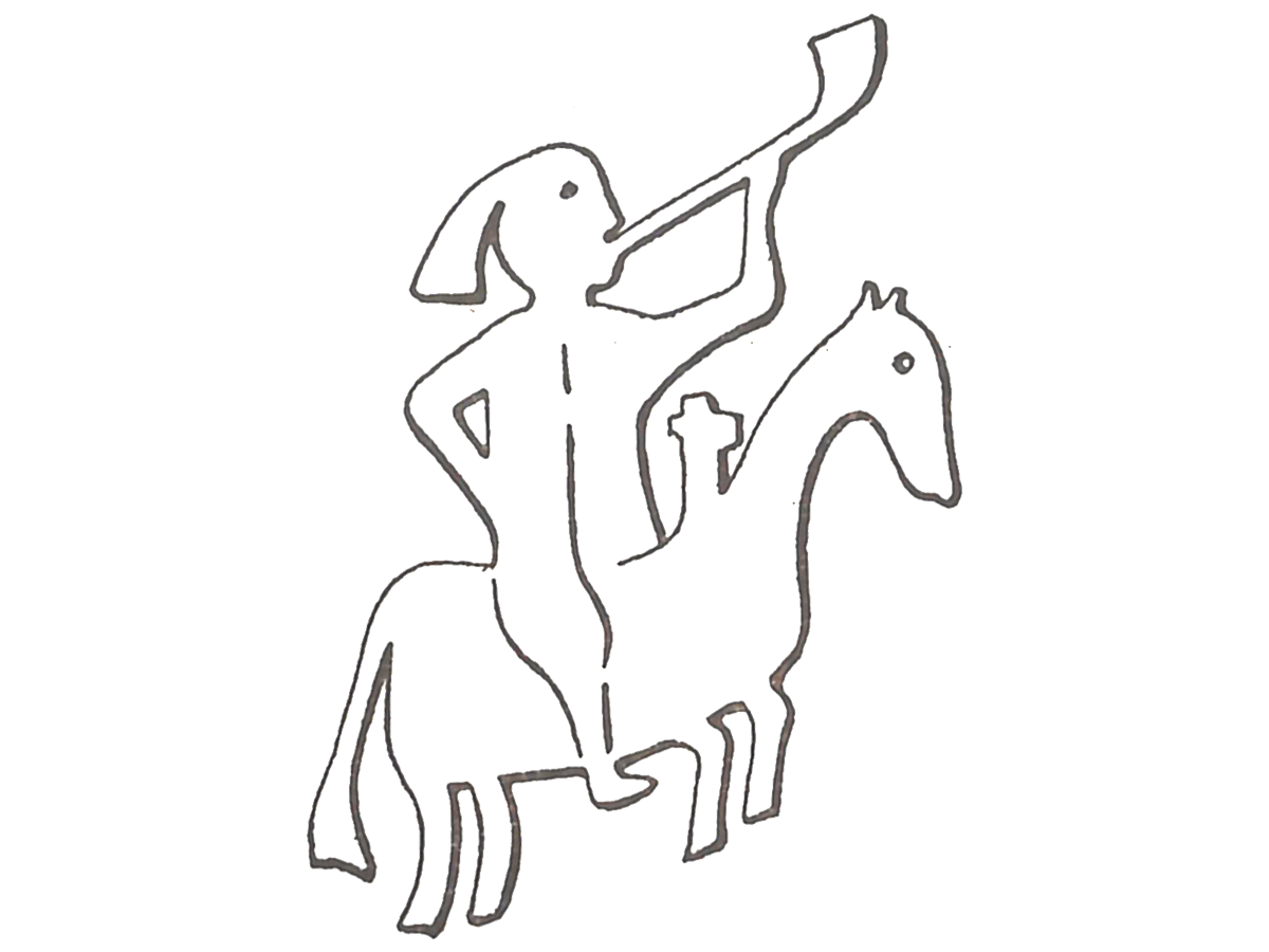 Adarra jotzen ari den zaldunaren irudia, harrizko nahiz zurezko euskal taila tradizionalean gehien irudikatzen den irudietako bat da. (Iturria: V. Congreso de Estudios Vascos, Bergara, 1930, 74. or.)